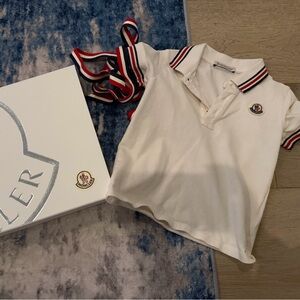 Moncler White Tee with Red and Blue Logo Accent